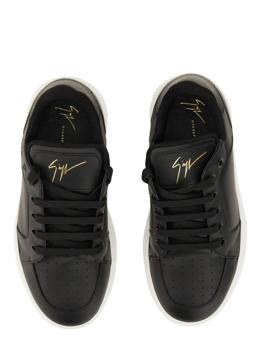 Black Leather Sneakers With Embossed Logo