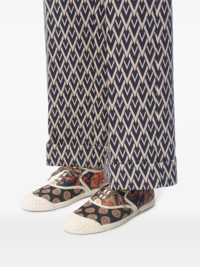 Floral Print Cotton Sneakers With Contrasting Edges