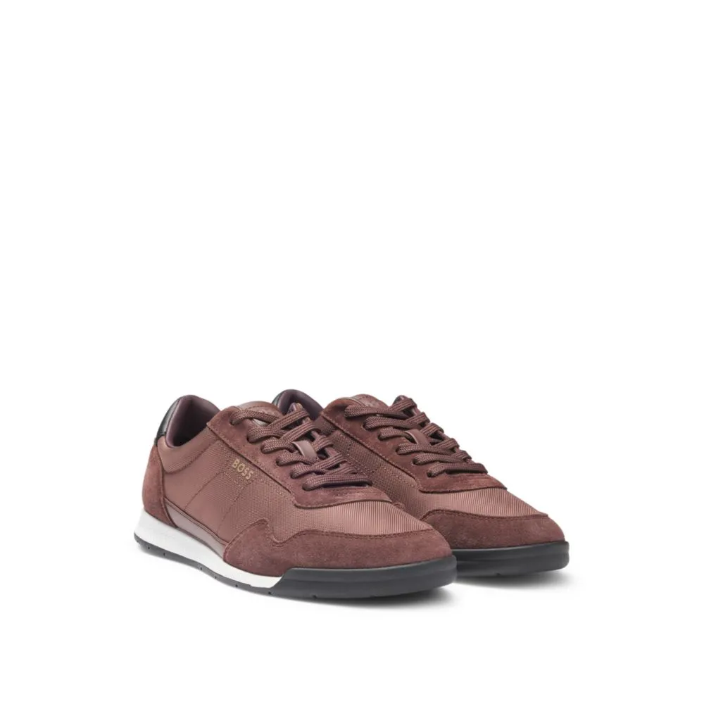 Mixed-material lace-up trainers with suede trims