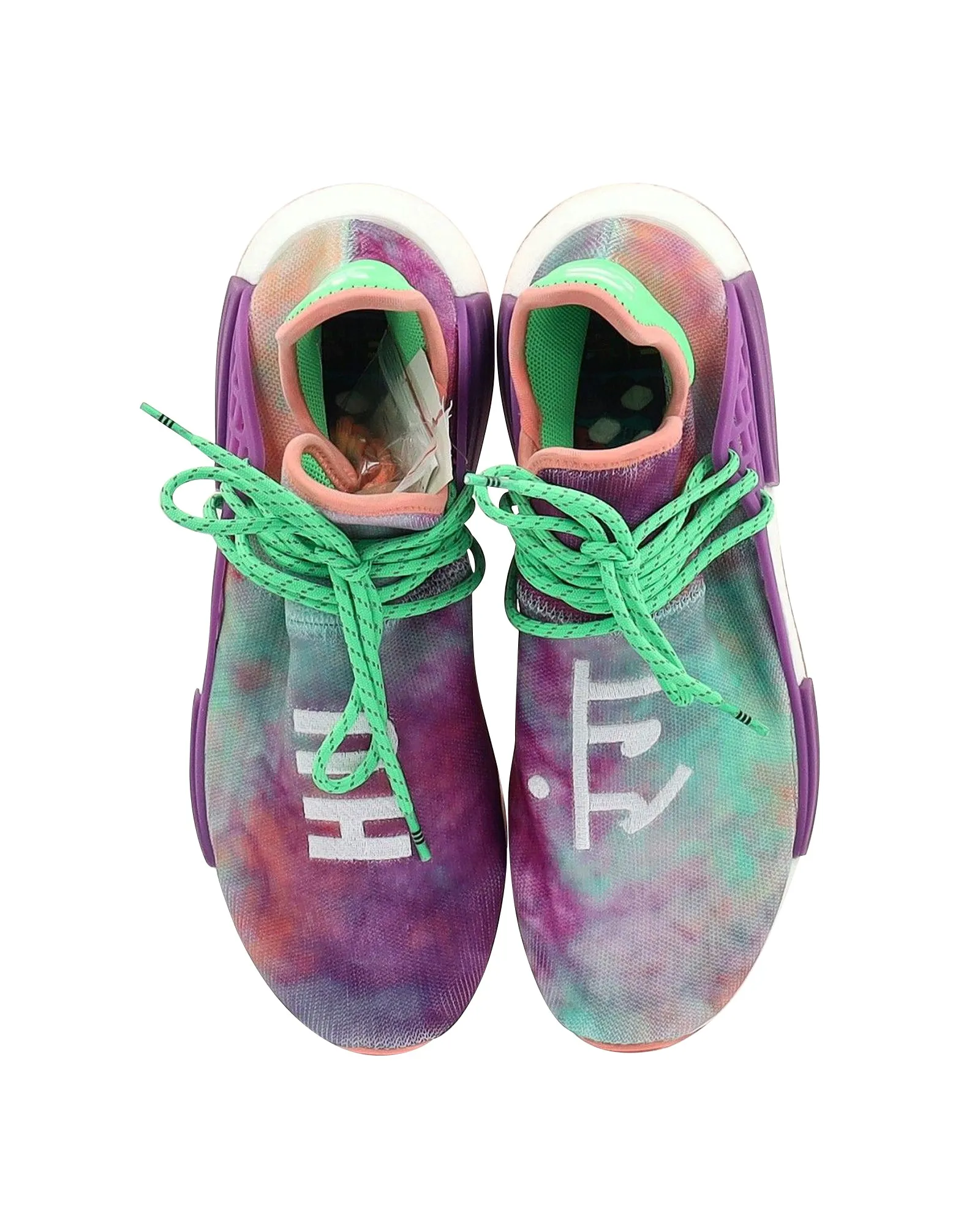 Pharrell x Adidas NMD Hu Trail Holi Sneakers in Flash Green and Lab Purple Polyester