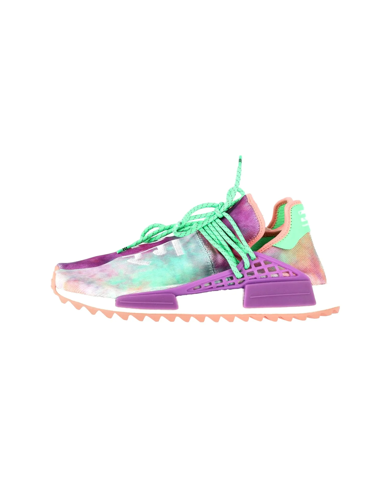 Pharrell x Adidas NMD Hu Trail Holi Sneakers in Flash Green and Lab Purple Polyester
