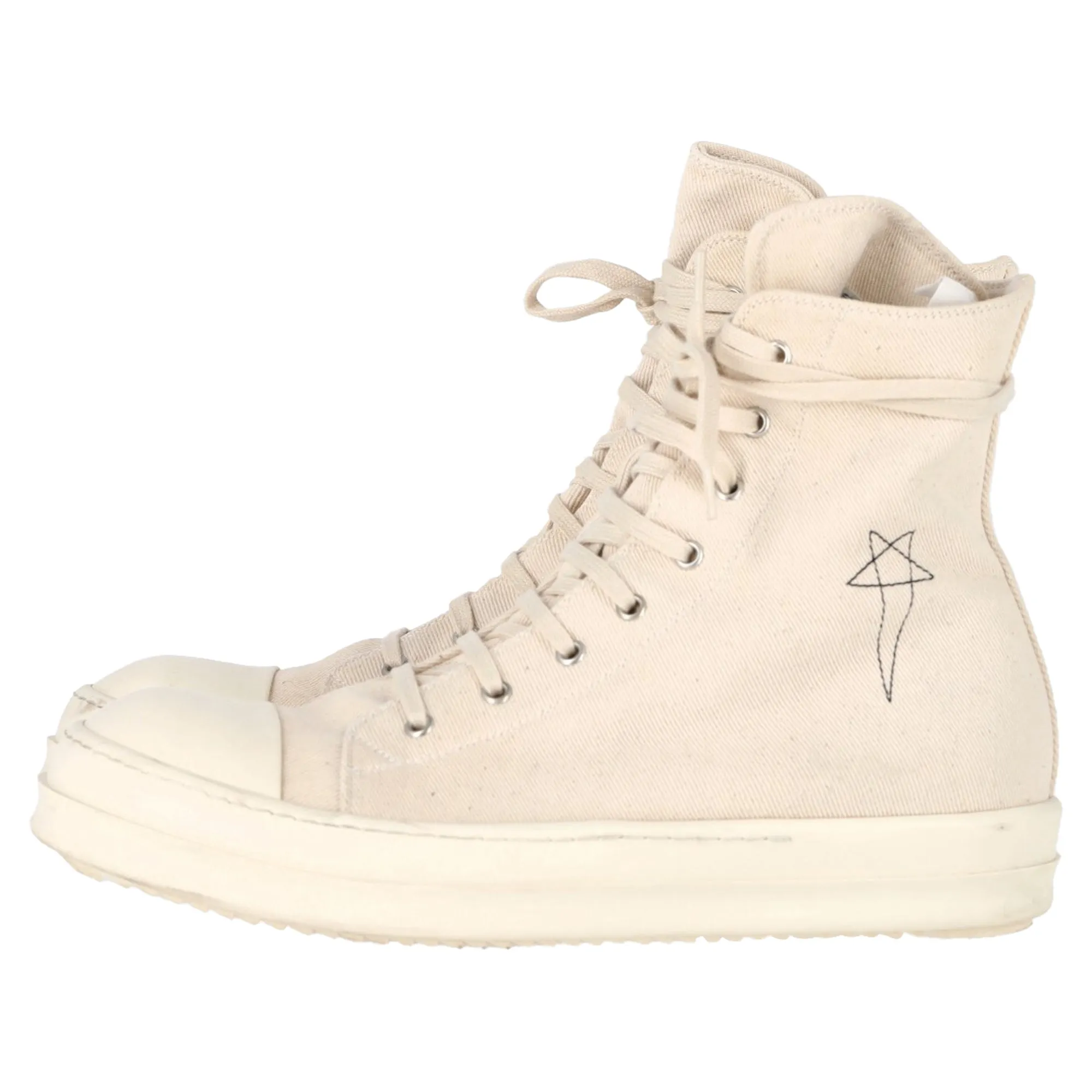 Rick Owens DRKSHDW Fogachine Pentagram Embroidered High Top Sneakers in Cream Cotton Denim
