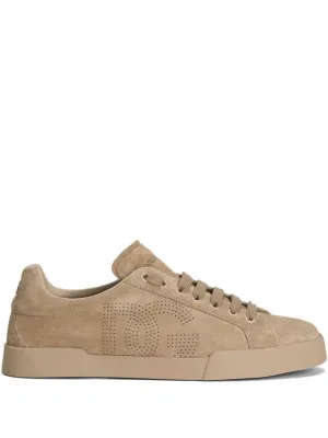 Suede Finish Low-Top Sneakers With Perforated Detailing