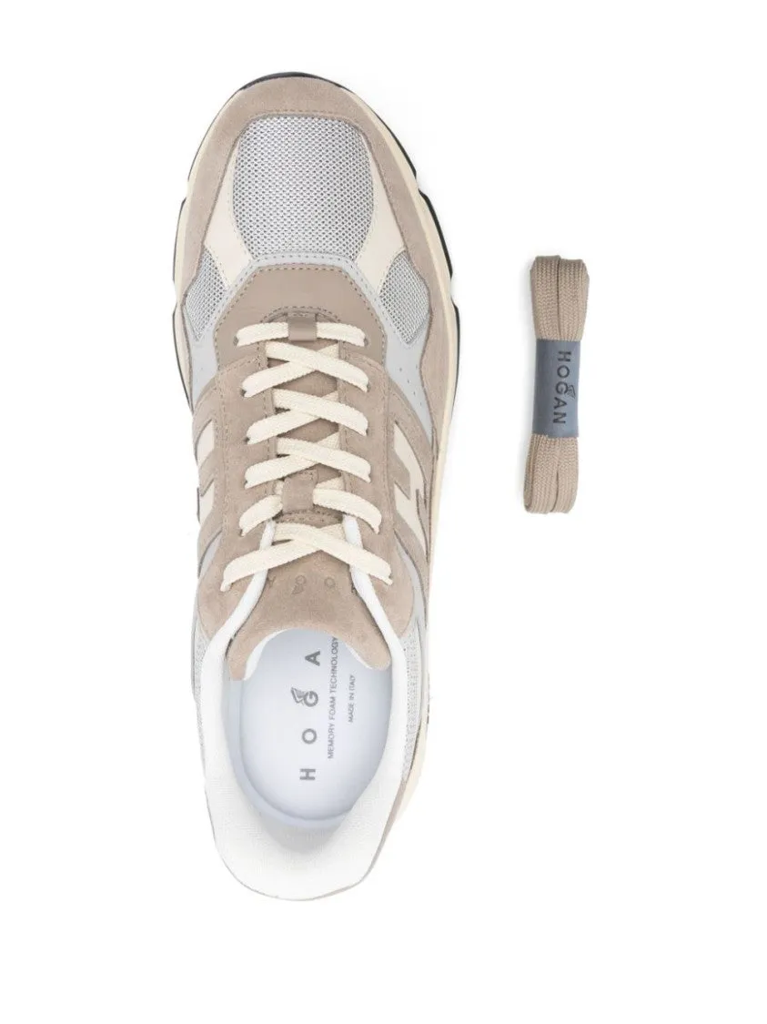 Textured Beige Sneakers With Suede And Mesh Combination